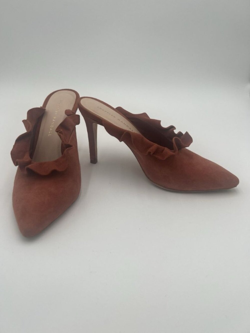 Loeffler Randall Ruffle Suede Mule Heels 7.5 Dusty Rose Pointed Toe Stiletto